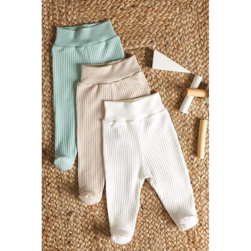 Lilly Bean Preemie Ribbed Trousers With Feet - Neutral With Mint 3-Pack