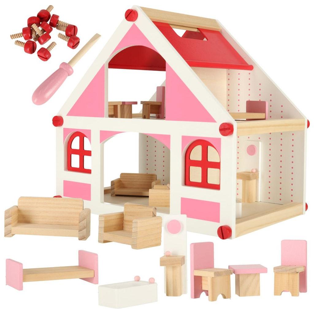 Montessori Style Pink Wooden Doll House 36 cm