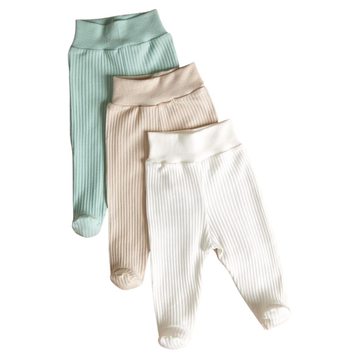 Lilly Bean Preemie Ribbed Trousers With Feet - Neutral With Mint 3-Pack