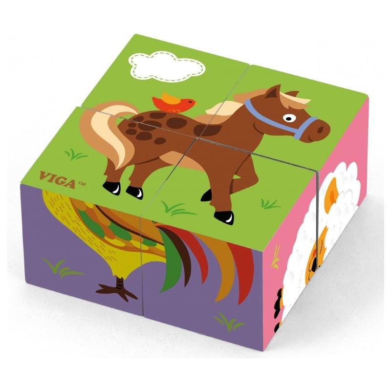 Viga Wooden Cube Puzzle 4 pcs - Farm