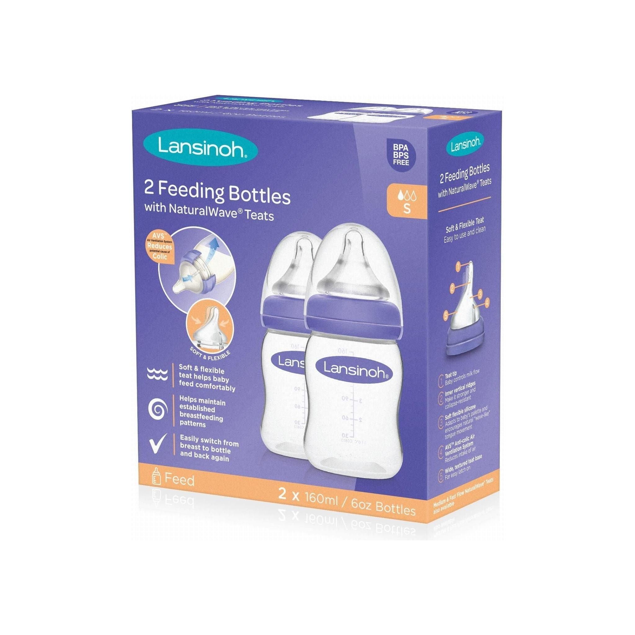 Lansinoh 160 ml mOmma Feeding Bottle With NaturalWave Teat 2 Pack