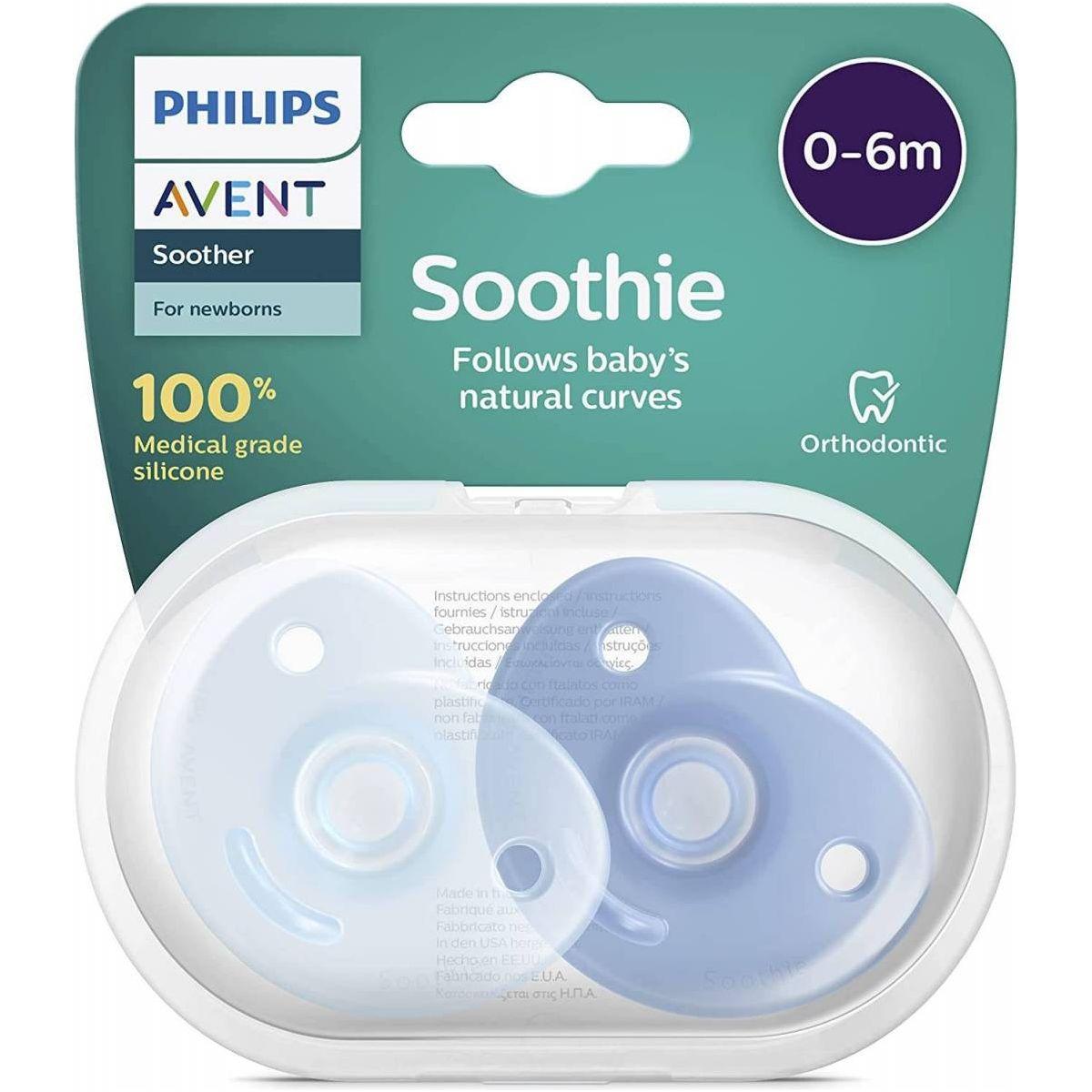 Lot de 2 sucettes Philips Avent Soothie en forme de cœur, bleues, 0 à 6 mois et plus 