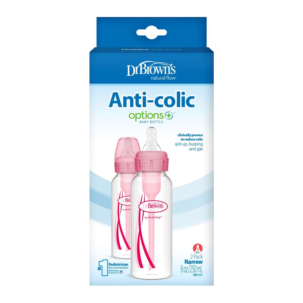 Lot de 2 biberons à col étroit Dr. Brown's Anti-colic Options+ 250 ml - Rose