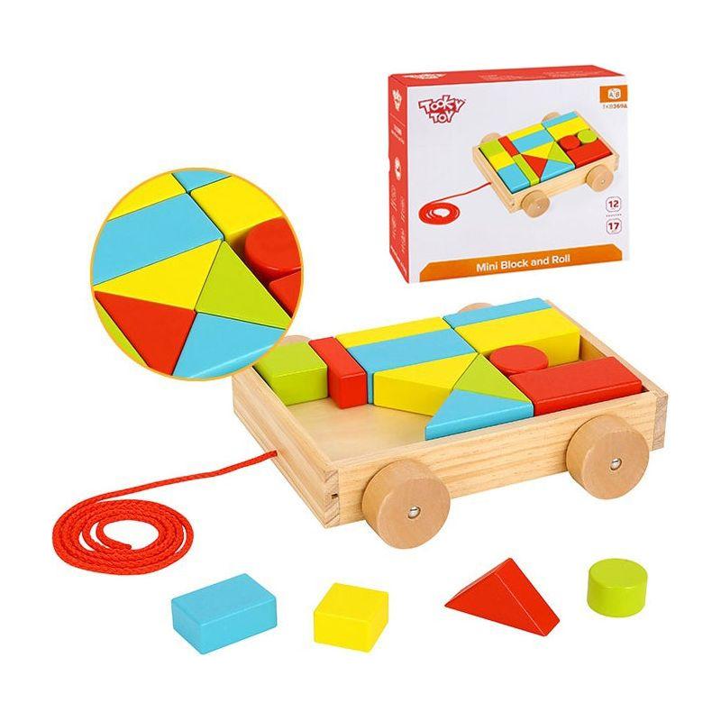 Mini chariot à tirer en bois avec blocs Tooky Toy 16 pièces