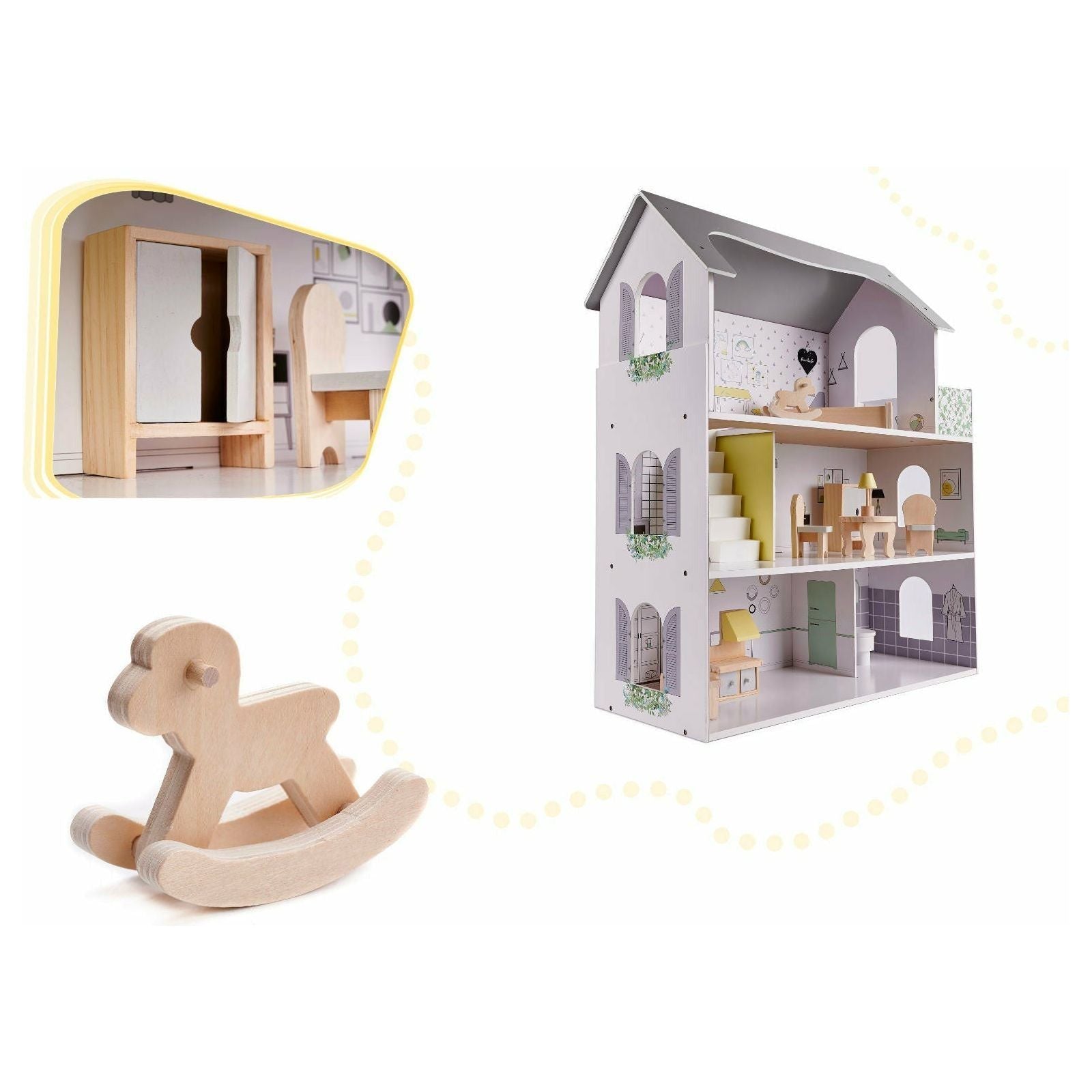 Light Gray White Wooden Villa Dollhouse 70cm LED